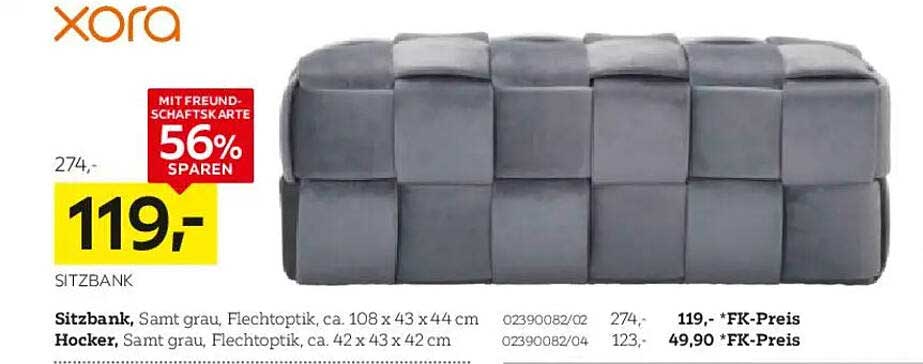 Sitzbank, Samt grau, Flechtoptik, ca. 108 x 43 x 44 cm