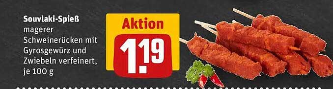 Souvlaki-Spieß – Magerer Schweinerücken mit Gyrosgewürz und Zwiebeln verfeinert, je 100 g
