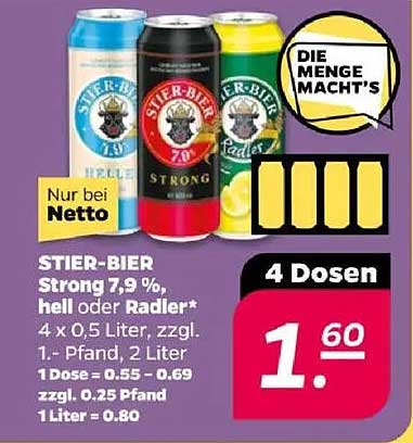 STIER-BIER Strong 7,9 %, hell oder Radler – 4 Dosen