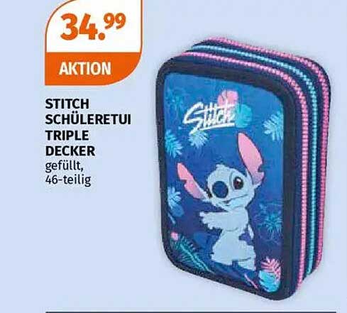 STITCH SCHÜLERETUI TRIPLE DECKER - gefüllt, 46-teilig
