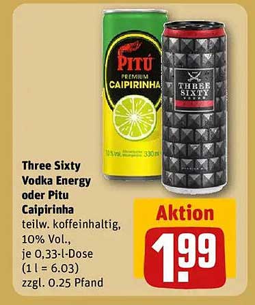 Three Sixty Vodka Energy oder Pitu Caipirinha für nur 1,99 €