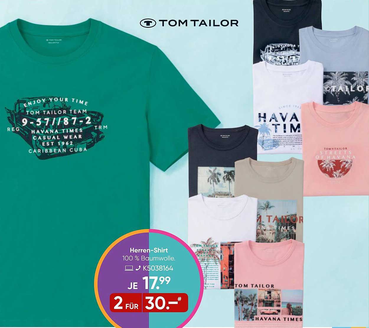 Tom Tailor Herren-Shirt 100 % Baumwolle - 2 für 30 €