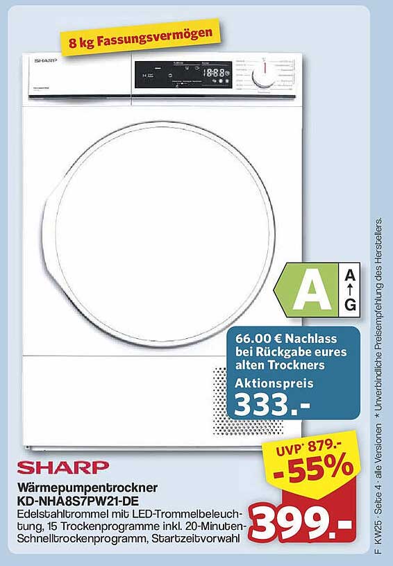 Wärmepumpentrockner SHARP KD-NHA8S7PW21-DE