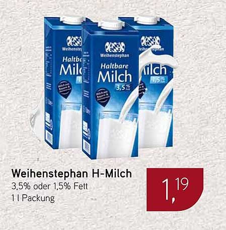 Weihenstephan H-Milch 3,5% oder 1,5% Fett – 1 l Packung