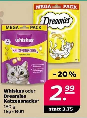 Whiskas oder Dreamies Katzensnacks 180 g - Mega Pack