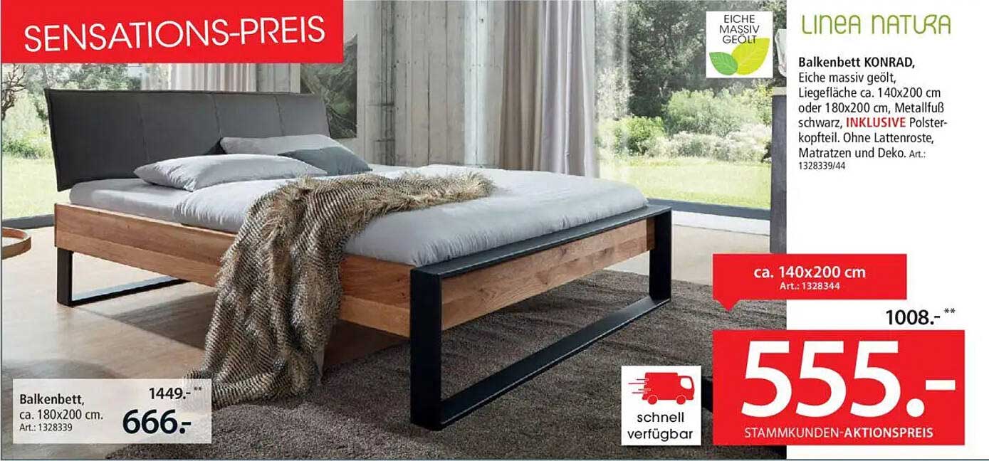 Balkenbett KONRAD, Eiche massiv geölt, 180x200 cm für sensationelle 555 €