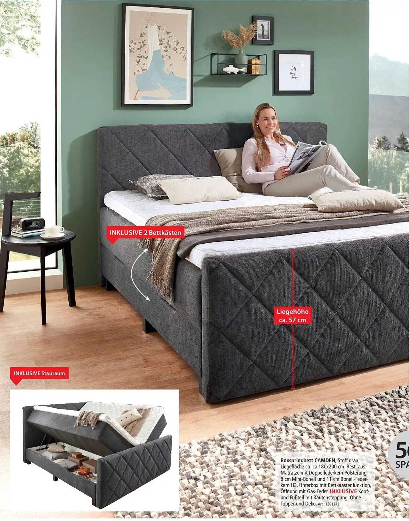 Boxspringbett CAMDEN in Grau mit Stauraum