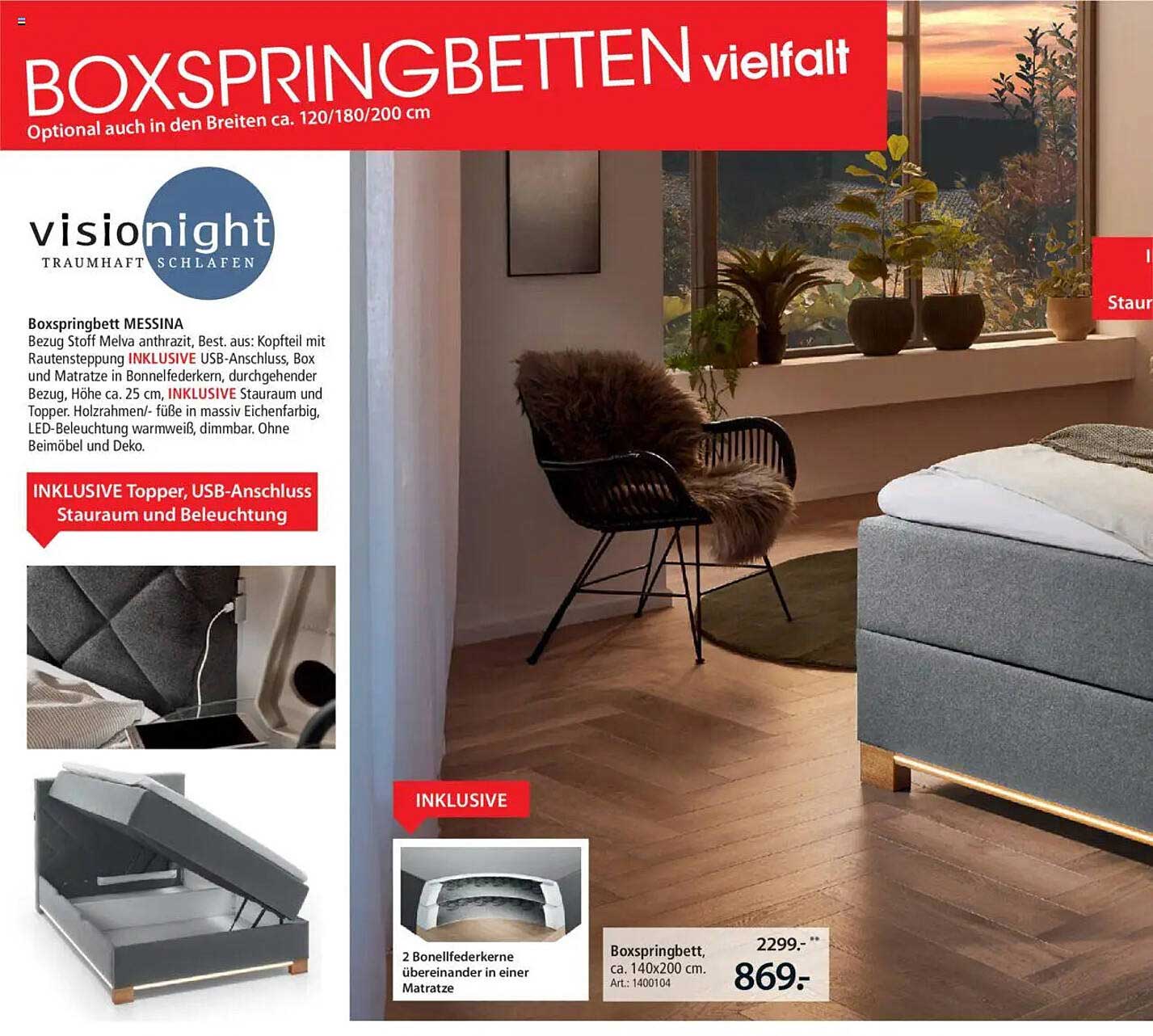 Boxspringbett MESSINA mit USB-Anschluss und Stauraum