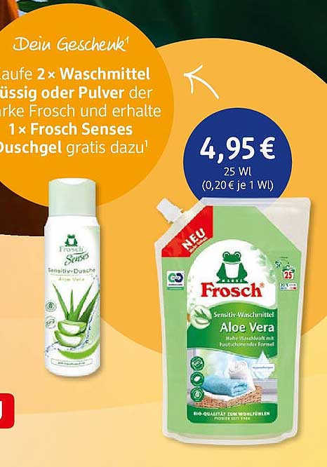 Frosch Sensitiv-Waschmittel Aloe Vera und gratis Frosch Senses Duschgel