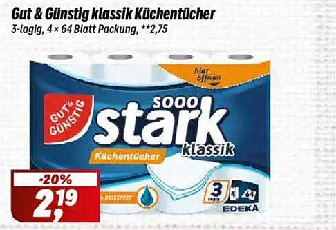 Gut & Günstig klassik Küchentücher - 3-lagig, 4 x 64 Blatt Packung