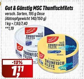 Gut & Günstig MSC Thunfishfilets, 195 g Dose