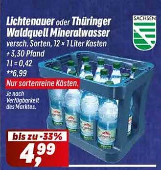 Lichtenauer oder Thüringer Waldquell Mineralwasser, 12 x 1 Liter Kasten