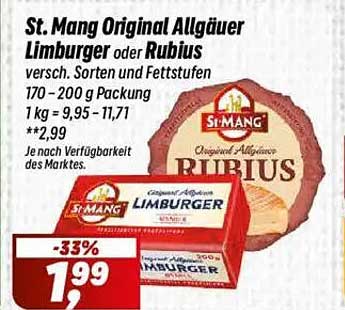 St. Mang Original Allgäuer Limburger oder Rubius 170 - 200 g