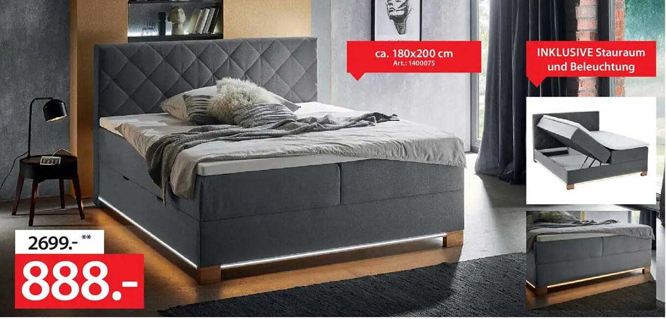 Stilvolles Boxspringbett inkl. Stauraum und Beleuchtung
