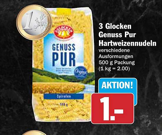 3 Glocken Genuss Pur Hartweizznudeln 500 g Packung