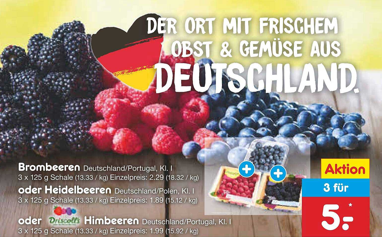 3 x 125 g frische Beeren: Brombeeren, Heidelbeeren oder Himbeeren