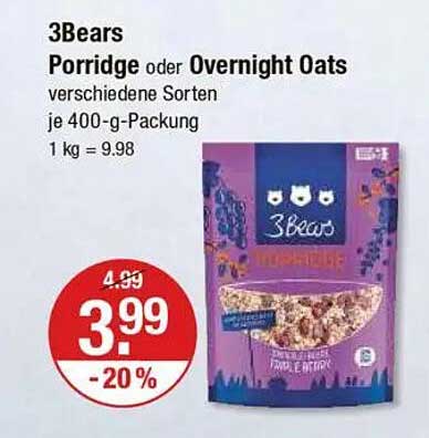 3Bears Porridge oder Overnight Oats - verschiedene Sorten 400-g-Packung