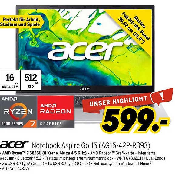 Acer Notebook Aspire Go 15 (AG15-42P-R393)