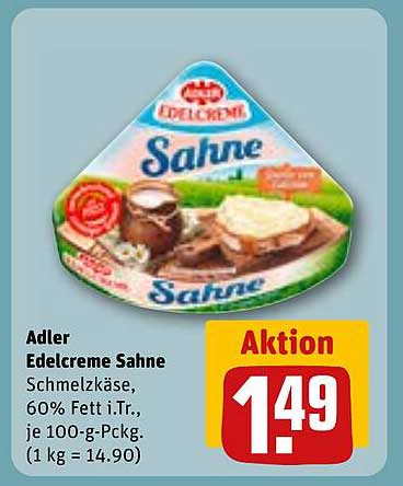Adler Edelcreme Sahne Schmelzkäse, 60% Fett i.Tr., je 100-g-Pckg.