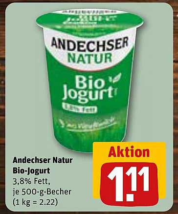 Andechser Natur Bio-Joghurt 3,8% Fett, je 500-g-Becher