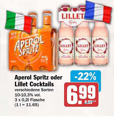 Aperol Spritz oder Lillet Cocktails verschiedene Sorten 10-10,3% vol.