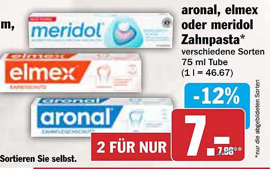 aronal, elmex oder meridol Zahnpasta – verschiedene Sorten 75 ml Tube