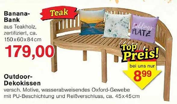 Banana-Bank aus Teakholz mit Outdoor-Dekokissen