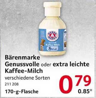 Bärenmarke Genussvolle oder extra leichte Kaffee-Milch, verschiedene Sorten, 170-g-Flasche