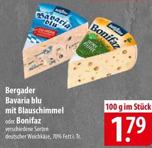 Bergader Bavaria blu mit Blauschimmel oder Bonifaz - verschiedene Sorten deutscher Weichkäse