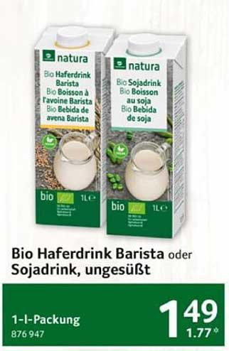 Bio Haferdrink Barista oder Sojadrink, ungesüßt