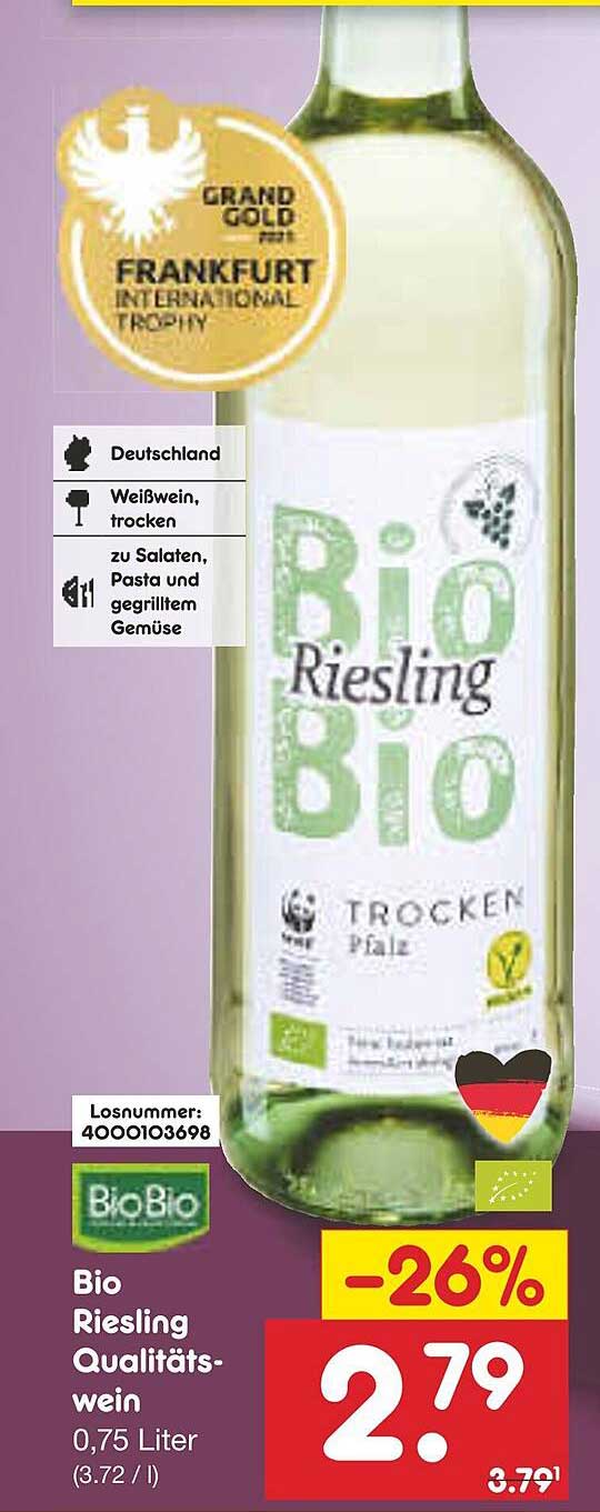 Bio Riesling Qualitätswein 0,75 Liter