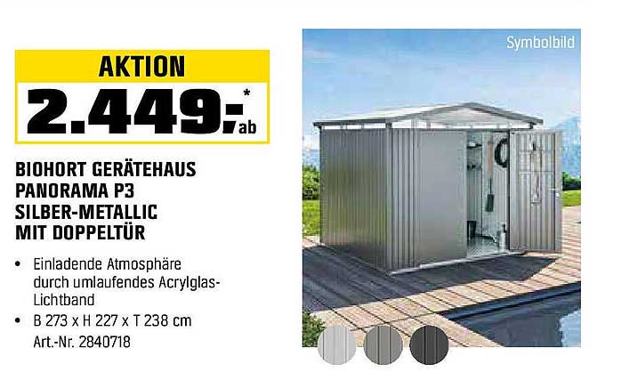 BIOHORT Geräteschuppen Panorama P3 Silber-Metallic mit Doppeltür