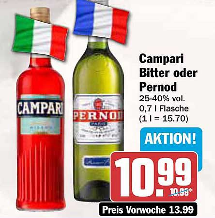 Campari Bitter oder Pernod - 0,7 l Flasche