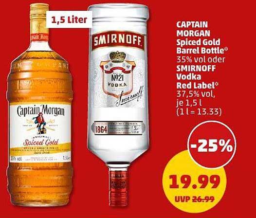 Captain Morgan Spiced Gold Barrel Bottle oder Smirnoff Vodka Red Label 1,5 Liter