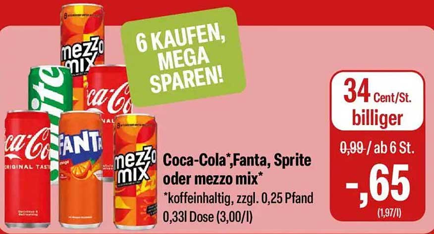 Coca-Cola, Fanta, Sprite oder mezzo mix - 6 kaufen, mega sparen!