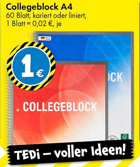 Collegeblock A4 - 60 Blatt, kariert oder liniert