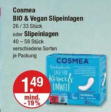 Cosmea BIO & Vegan Slipeinlagen 26/33 Stück oder Slipeinlagen 40-58 Stück verschiedene Sorten je Packung