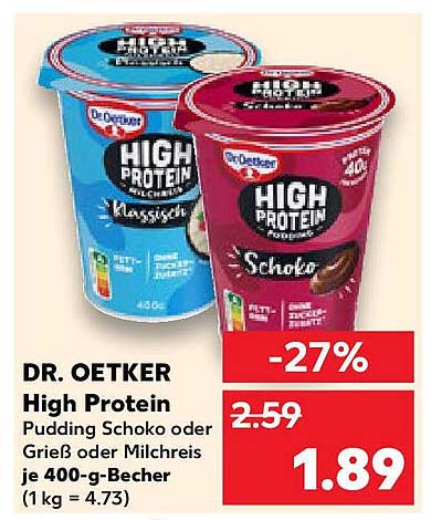 DR. OETKER High Protein Pudding Schoko oder Grieß je 400-g-Becher