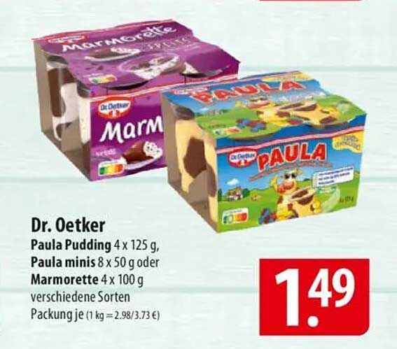 Dr. Oetker Paula Pudding 4 x 125 g, Paula minis 8 x 50 g oder Marmorette 4 x 100 g verschiedene Sorten