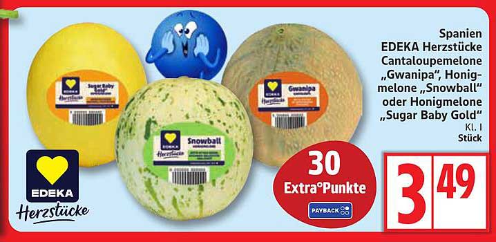 EDEKA Herzstücke Cantaloupe-Melonen "Gwanipa", Honigmelone "Snowball" oder Honigmelone "Sugar Baby Gold" - Stück für nur 3,49 €