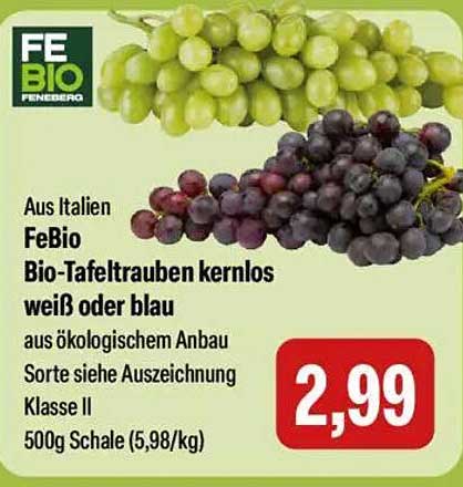 FeBio Bio-Tafeltrauben kernlos weiß oder blau 500g