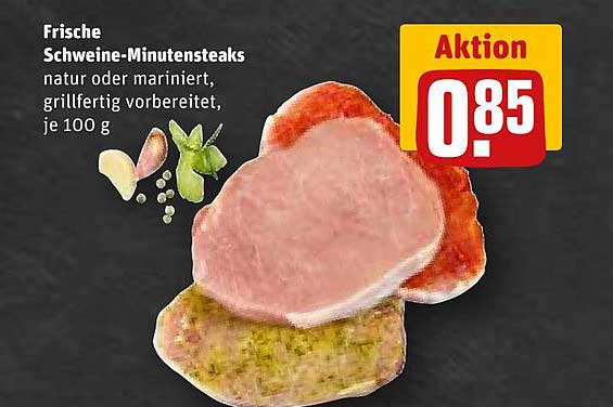 Frische Schweine-Minutensteaks, natur oder mariniert, grillfertig vorbereitet, je 100 g