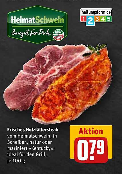 Frisches Holzfällerstek von HeimatSchwein, in Scheiben, natur oder mariniert »Kentucky«, ideal für den Grill, je 100 g