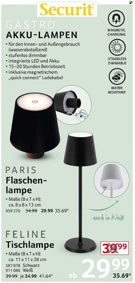 Gastro Akku-Lampen von Securit - PARIS Flaschenlampe und FELINE Tischlampe