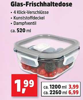 Glas-Frischhaltedose mit 4 Klick-Verschlüssen, 520 ml