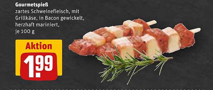 Gourmetspiess zartes Schweinefleisch, mit Grillkäse, in Bacon gewickelt, herzhaft mariniert, je 100 g