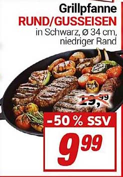 Grillpfanne RUND/GUSSEISEN in Schwarz, Ø 34 cm, niedriger Rand