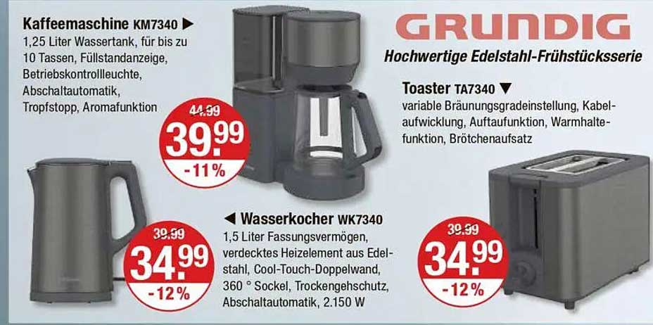 Grundig Kaffeemaschine KM7340, Wasserkessel WK7340 und Toaster TA7340