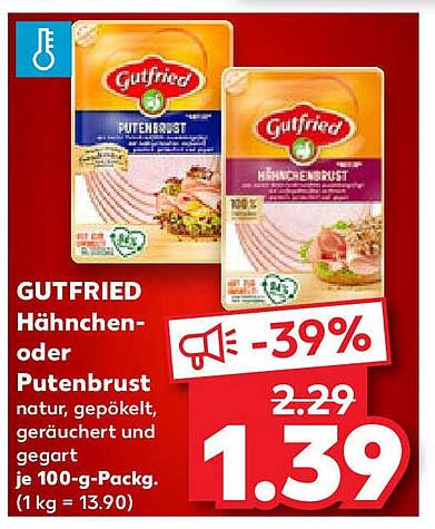 GUTFRIED Hähnchen- oder Putenbrust natur, gepökelt, geräuchert und gegart je 100-g-Pack.