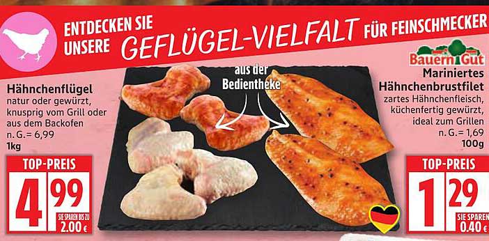 Hähnchenflügel und mariniertes Hähnchenbrustfilet